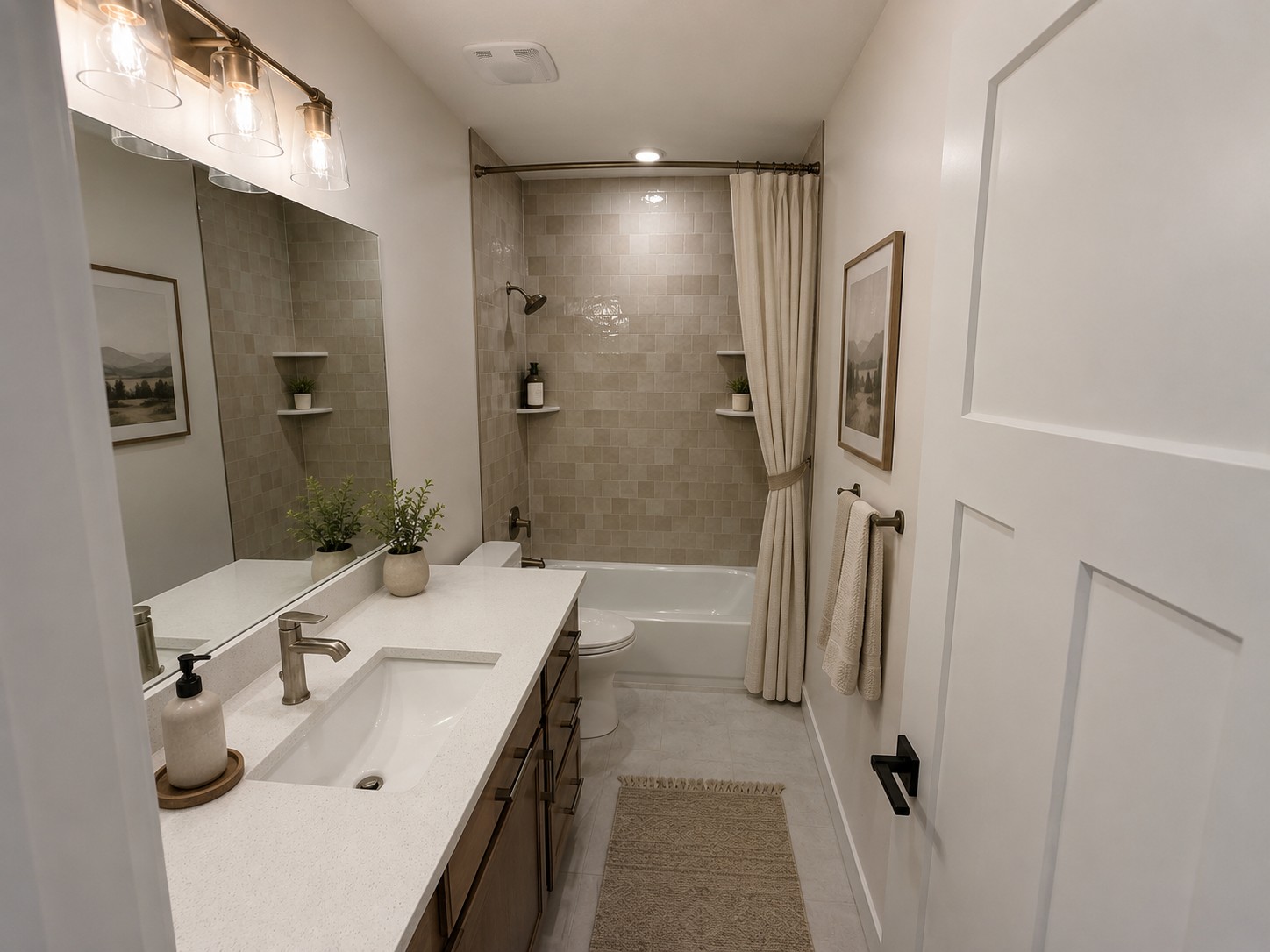 Finished basement bathroom with tiled tub surround and custom vanity