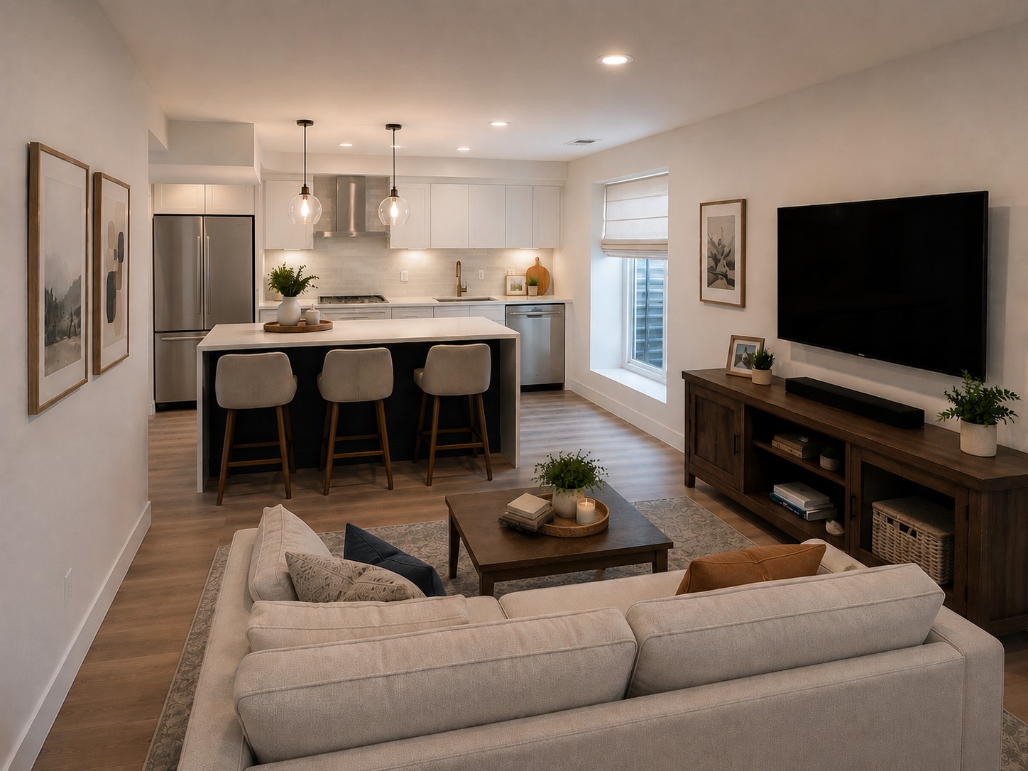 Finished basement with open living room and full kitchenette