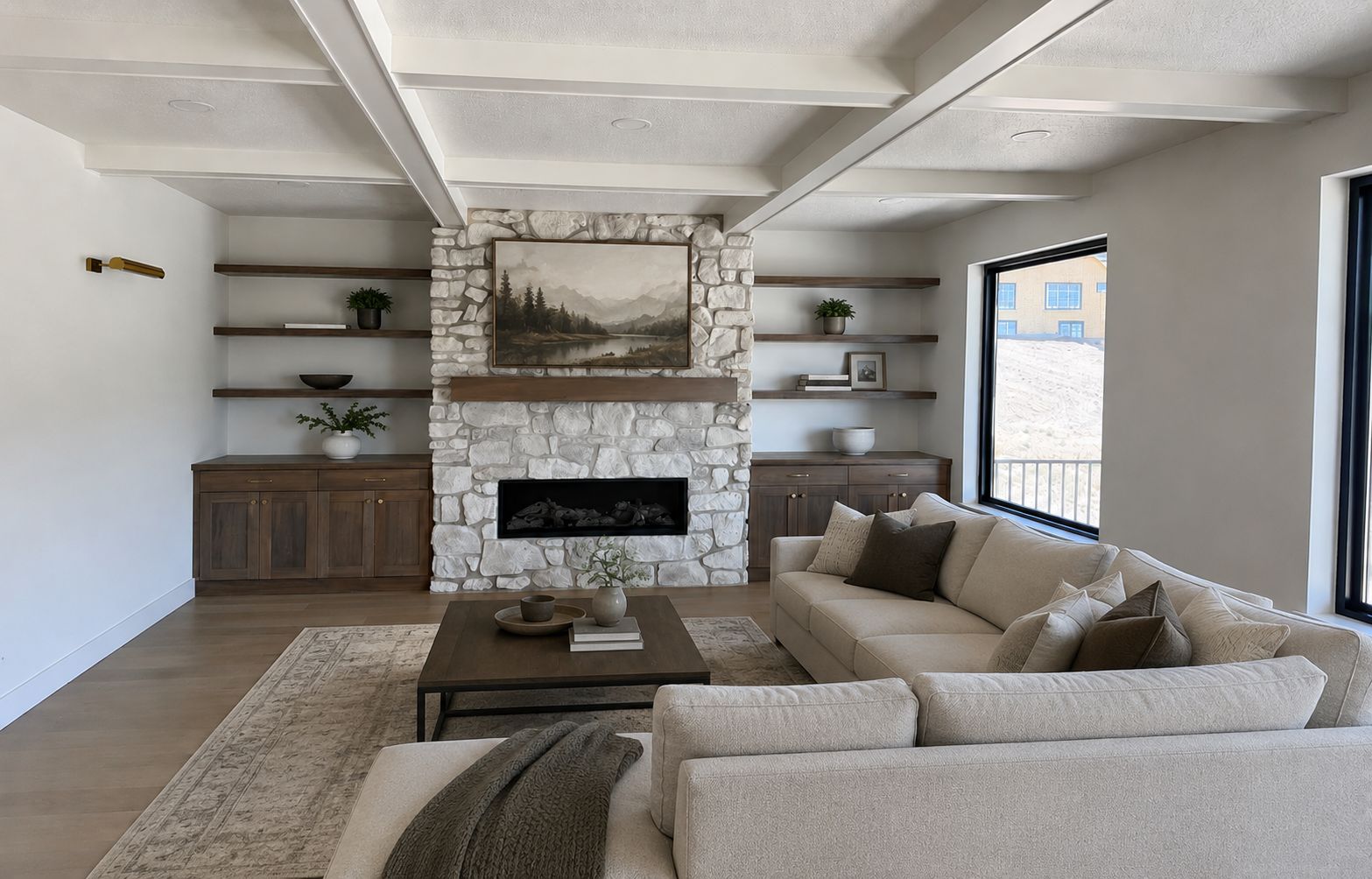 Custom built-ins with stone fireplace