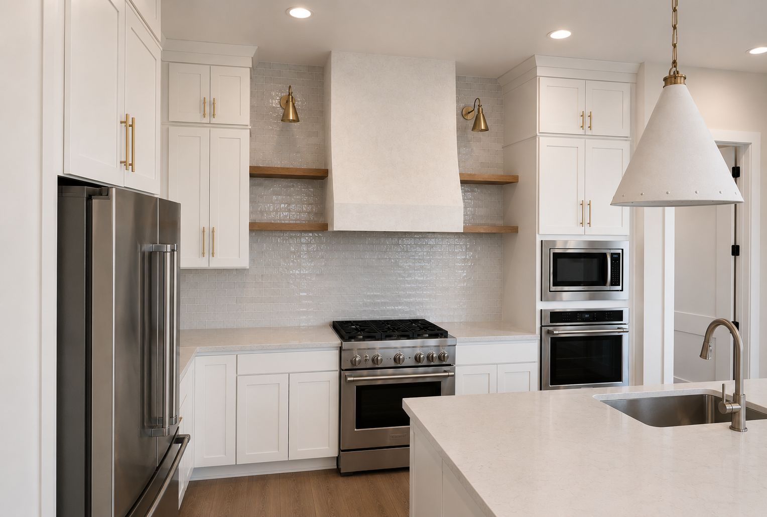 Level 5 plaster hood with tile splash and white oak shelves